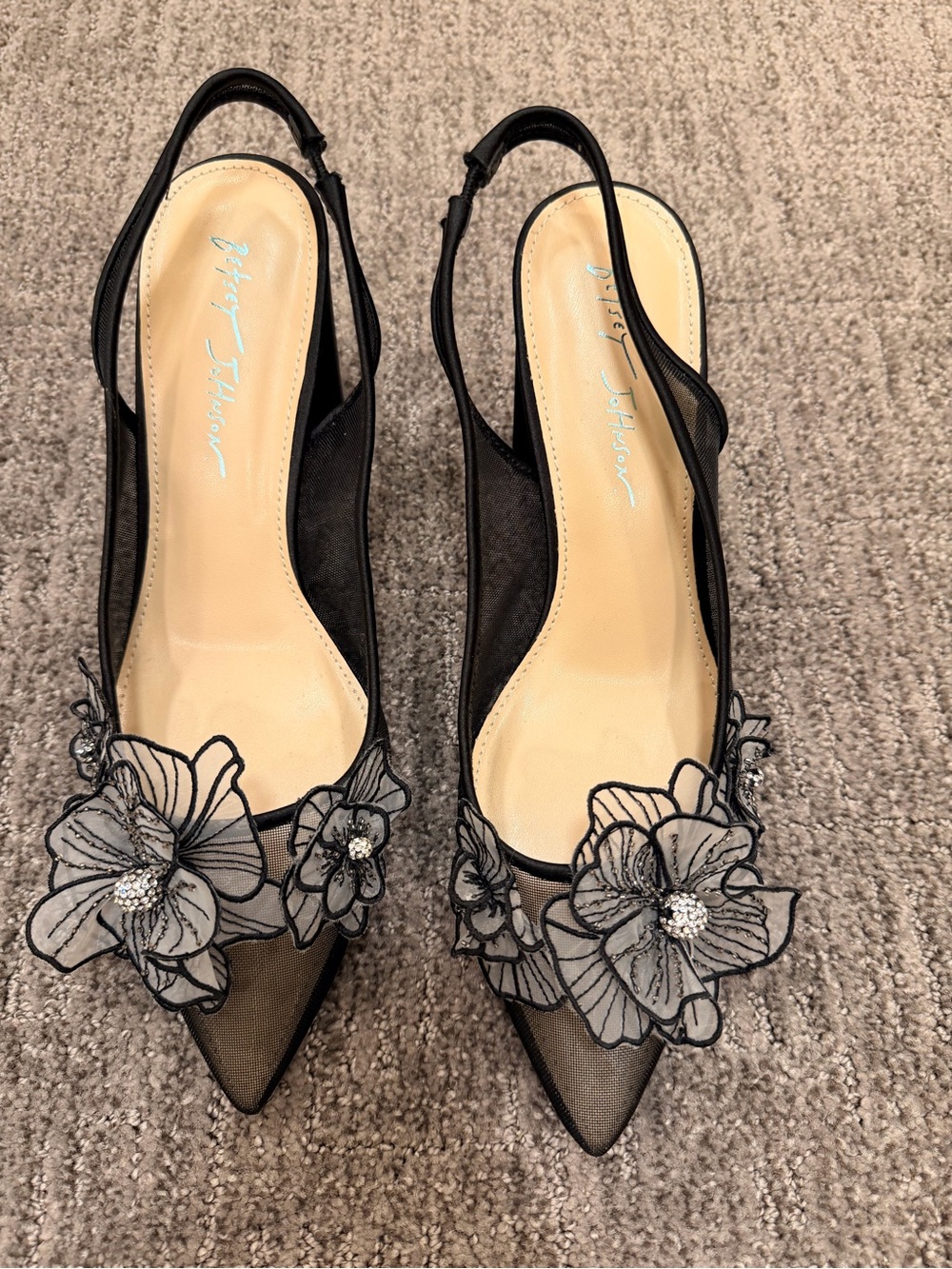 Betsey Johnson Petra Black Mesh Floral Block Heels Coquette Cocktail Size 9.5